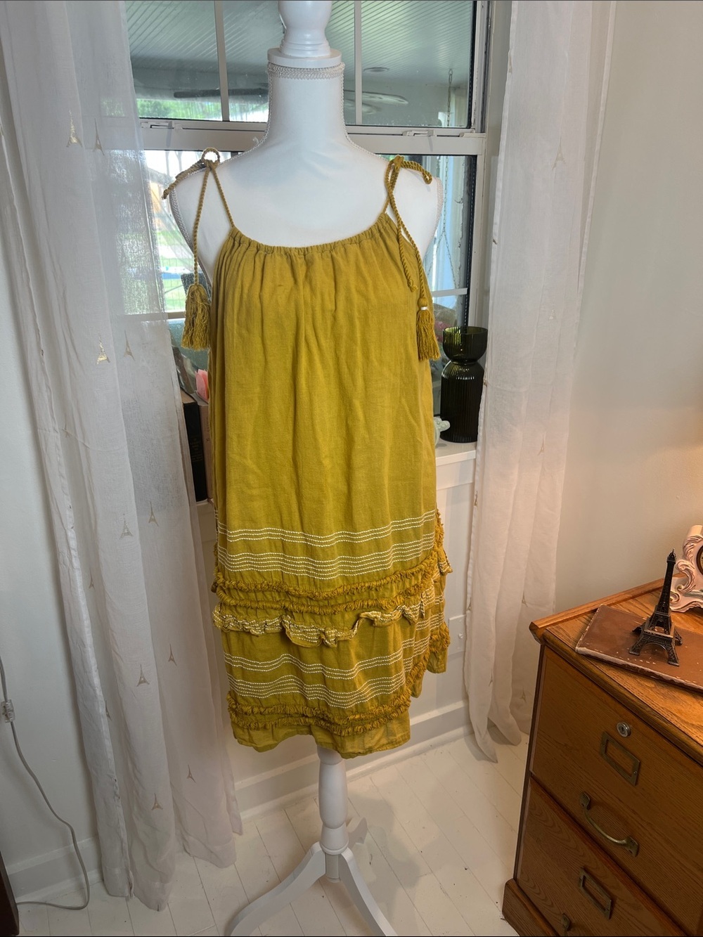 For The Republic Mustard Yellow Tiered Tassel Shoulder Dress size small.